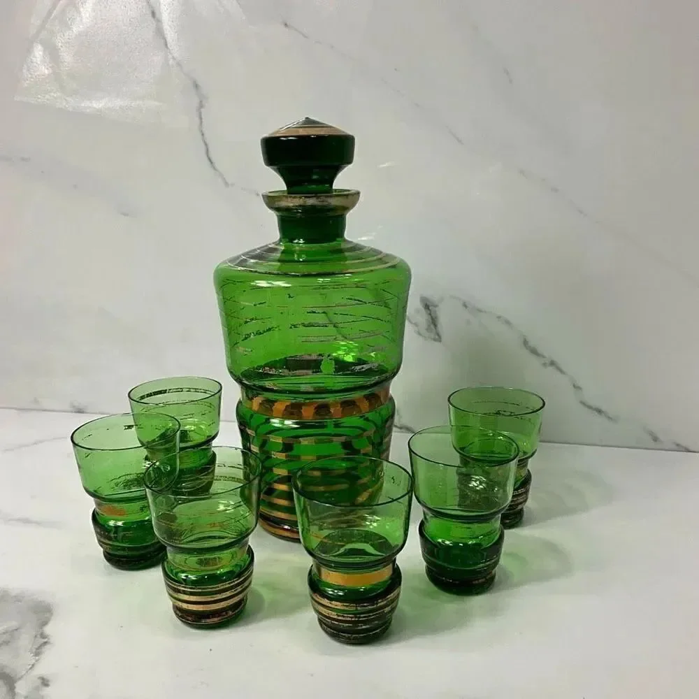 VINTAGE MCM Green decanter and shot glasses